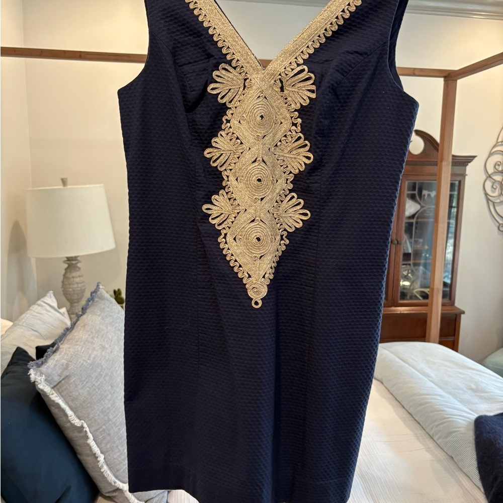 Lilly Pulitzer Elegant Navy Dress with Gold Embroidery